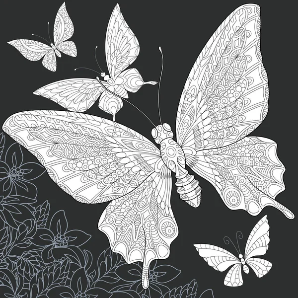 Papillons Dessinés Dans Style Line Art Fond Floral Aux Couleurs — Image vectorielle