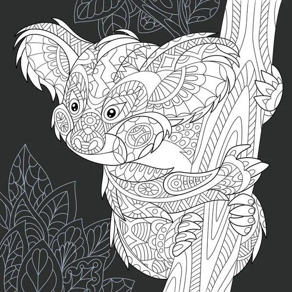 Koala Beer Getekend Lijn Kunststijl Achtergrond Van Jungle Zwarte Witte — Stockvector