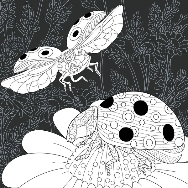 Coccinelles Dessinées Dans Style Line Art Des Fleurs Marguerite Fond — Image vectorielle