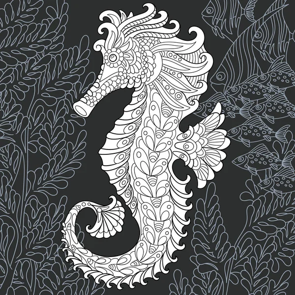 Морской Конь Нарисованный Стиле Линейного Искусства Океанский Фон Черно Белых — стоковый вектор