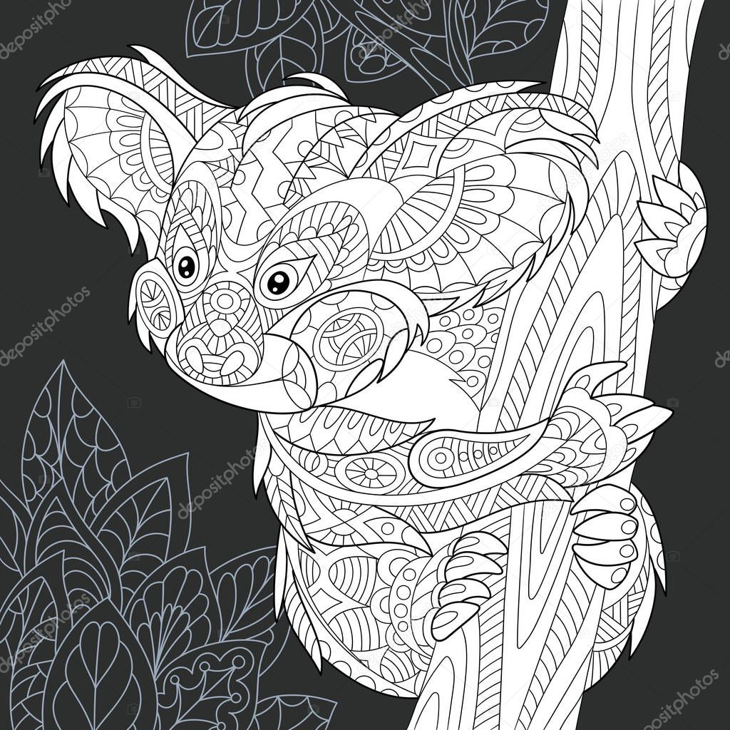 Koala bear drawn in line art style. Jungle background in black and white colors on chalkboard. Coloring book. Coloring page. Zentangle vector illustration.