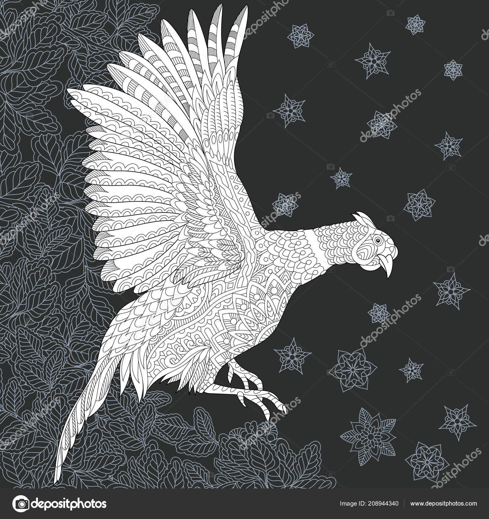 Fazant Getekend Lijn Kunststijl Bladerde Achtergrond Zwarte Witte