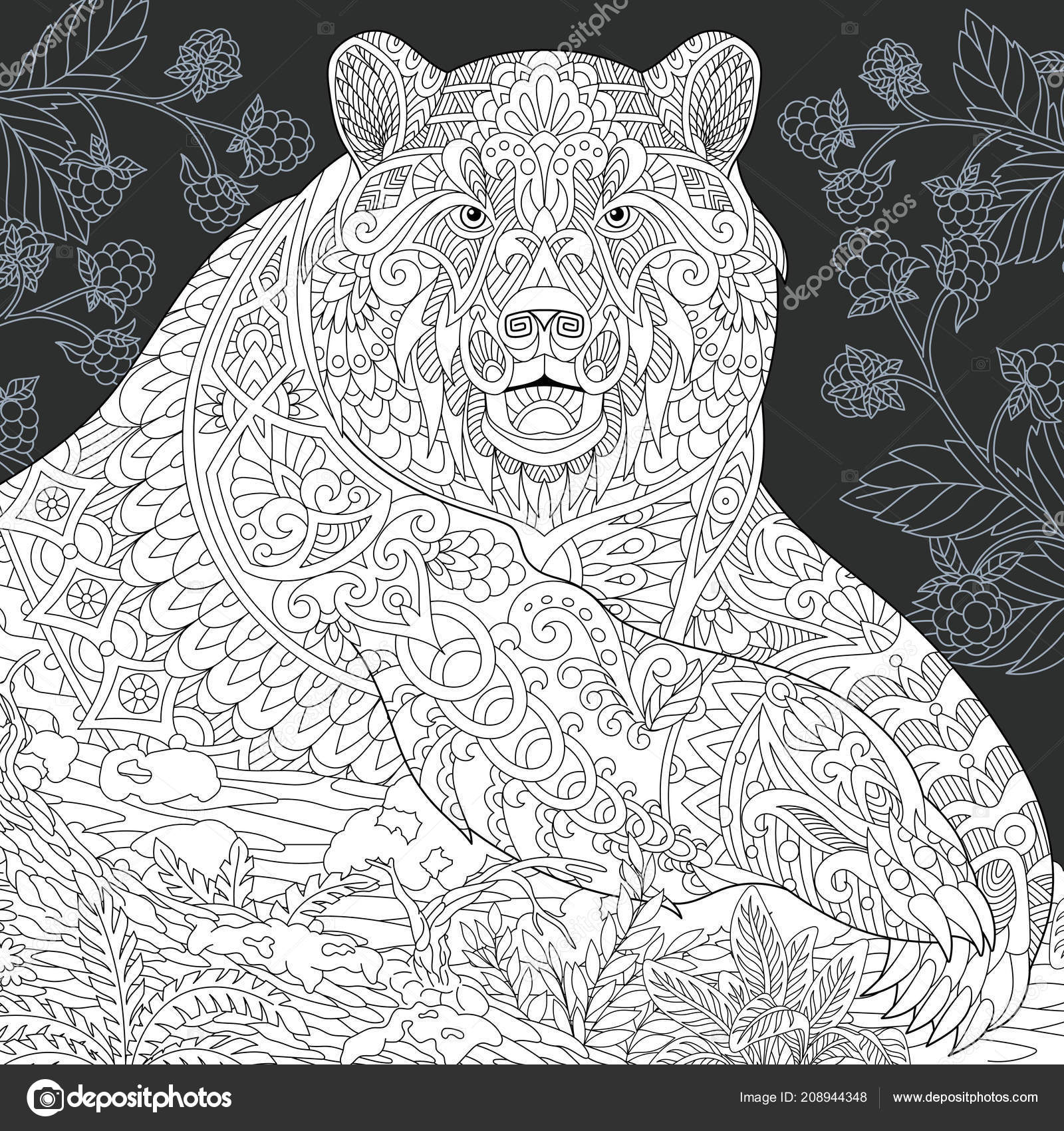 Bear Drawn Line Art Style Forest Background Black White Colors