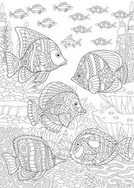 Boyama sayfası. Boyama kitabı. Tropikal balıklar boyama resimle. Doodle ve zentangle öğeleri ile çizim antistress serbest kroki.