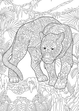 Boyama sayfası. Boyama kitabı. Kara Panter boyama resimle. Doodle ve zentangle öğeleri ile çizim antistress serbest kroki.