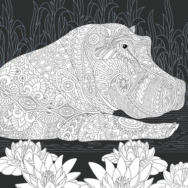 Su aygırı. Hat sanatı tarzda çizilmiş su aygırı. Lotus çiçekleri (nilüfer). Boyama kitabı. Boyama sayfası. Zentangle vektör çizim.