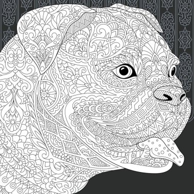 Bulldog. Çukur boğa korkunç çizgi sanat tarzda çizilmiş. Dantel kara tahta üzerinde siyah ve beyaz renklerde arka plan. Boyama kitabı. Boyama sayfası. Zentangle vektör çizim.