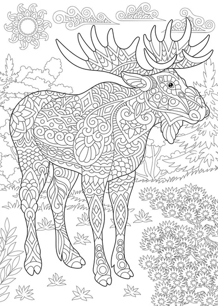 Kleurplaat Kleurboek Kleuren Foto Met Moose Stressprogramma Freehand Schets Tekening — Stockvector