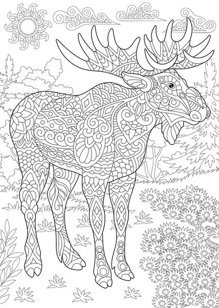 Coloring Page. Coloring Book. Colouring picture with moose. Antistress freehand sketch drawing with doodle and zentangle elements.