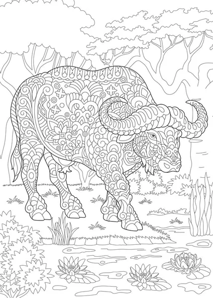 Kleurplaat Kleurboek Kleuren Foto Met Stier Buffalo Bison Stressprogramma Freehand — Stockvector