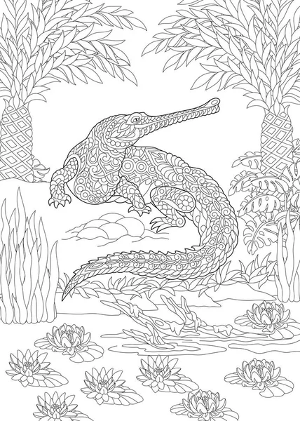 Malvorlagen Malbuch Farbbild Mit Krokodil Antistress Freihand Skizzenzeichnung Mit Doodle — Stockvektor