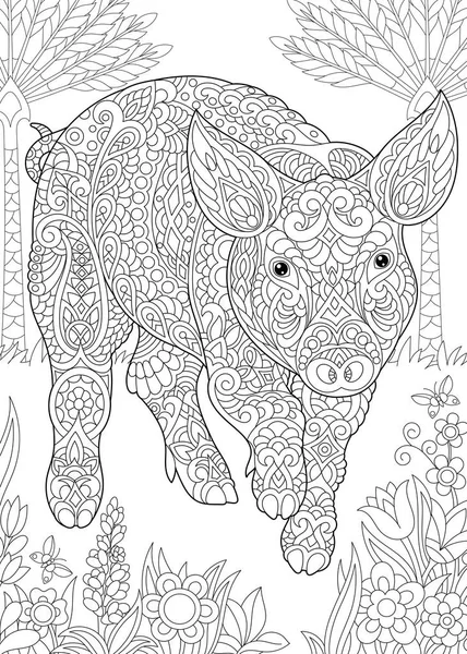 Coloring Page. Coloring Book. Colouring picture with Pig. Cute Piggy - 2019 Chinese New Year symbol. Antistress freehand sketch drawing with doodle and zentangle elements.