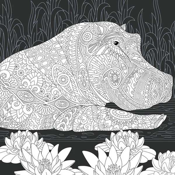 Hippopotame Hippopotame Dessiné Dans Style Line Art Fleurs Lotus Nénuphar — Image vectorielle