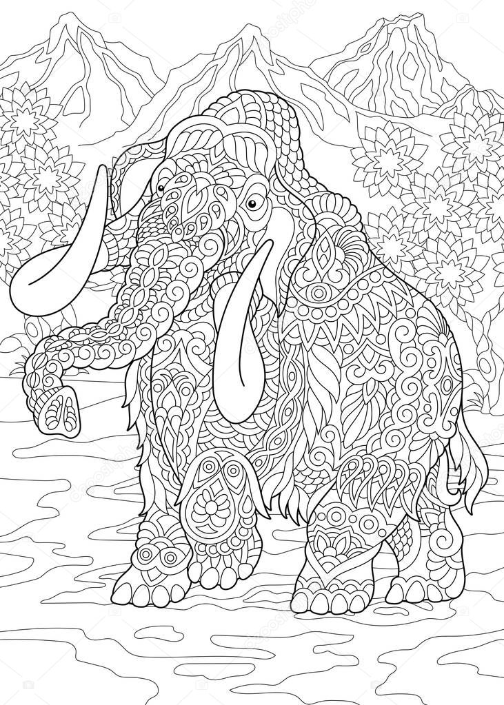 Coloring Page. Coloring Book. Colouring picture with mammoth. Antistress freehand sketch drawing with doodle and zentangle elements.