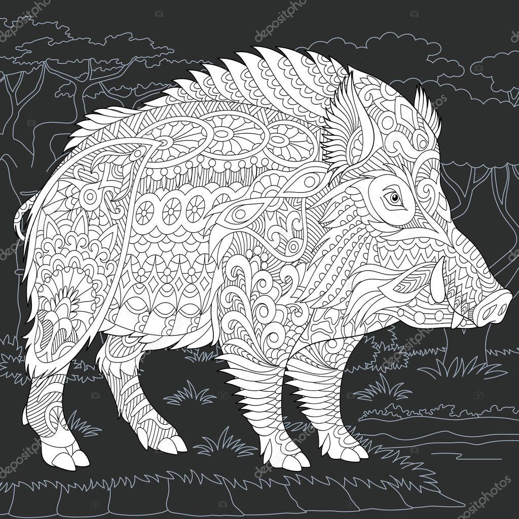 Wild Boar drawn in line art style. 2019 Chinese New Year symbol. Coloring book. Coloring page. Zentangle vector illustration.