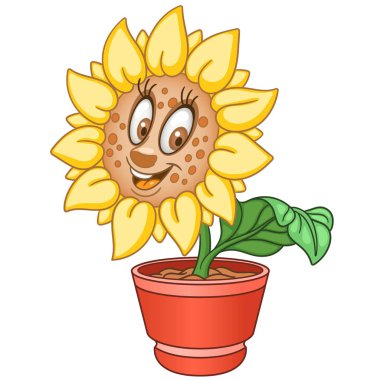 Sun flower. Yellow farm sunflower. House plant in a pot. Happy cartoon design for kids coloring book, colouring page, t-shirt print, icon, logo, label, patch, sticker. vector