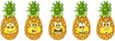 Ananas. Meyve gıda kavramı. Emoji ifade koleksiyonu. Çocuklar için boyama kitabı, boyama sayfaları, tişört baskı, simge, logo, etiket, yama, etiket çizgi kahramanlar.