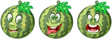 Karpuz. Meyve gıda kavramı. Emoji ifade koleksiyonu. Çocuklar için boyama kitabı, boyama sayfaları, tişört baskı, simge, logo, etiket, yama, etiket çizgi kahramanlar.
