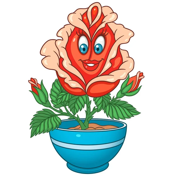 Red Rose Flower House Plant Pot Happy Cartoon Design Kids — Stock Vector