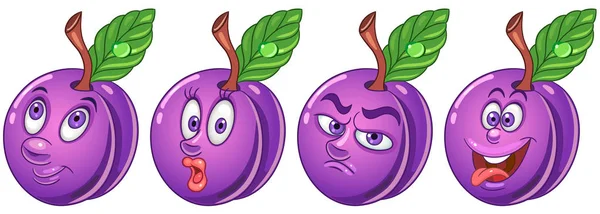 Pflaume Fruchternährungskonzept Emoji Emoticonsammlung Zeichentrickfiguren Für Kinder Malbuch Ausmalseiten Shirt — Stockvektor