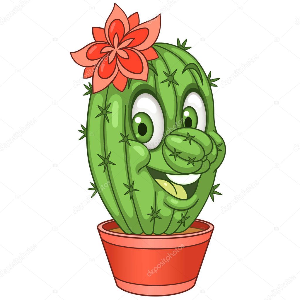 Cactus with red flower. Green exotic succulent. House plant in a pot. Happy cartoon design for kids coloring book, colouring page, t-shirt print, icon, logo, label, patch, sticker.