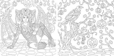 Boyama sayfaları. Boyama kitabı yetişkinler için. Cadı kız kanatlı. Kabaklar ve karga ile Halloween korku arka plan. Doodle ve zentangle öğeleri ile çizim antistress serbest kroki.