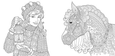 Boyama sayfaları. Boyama kitabı yetişkinler için. Boyama resimleri kış kız ve at ile. Doodle ve zentangle öğeleri ile çizim antistress serbest kroki.