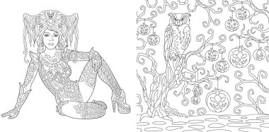 Boyama sayfaları. Boyama kitabı yetişkinler için. Cadılar Bayramı kız. Kabaklar ve baykuş korku arka plan. Doodle ve zentangle öğeleri ile çizim antistress serbest kroki.