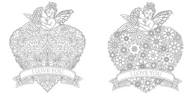 Sevgililer. Kalpler seviyorum. Bebek melekler öpüşme çift ile boyama kitabı sayfaları. Doodle ve zentangle öğeleri ile çizim antistress serbest kroki.