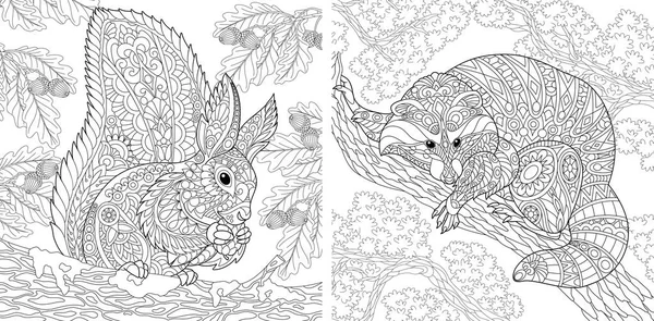 Coloring Pages. Coloring Book for adults. Colouring pictures with squirrel and raccoon. Antistress freehand sketch drawing with doodle and zentangle elements.