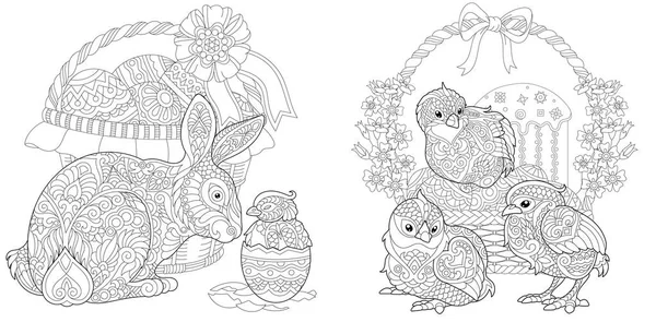 Easter Coloring Pages Coloring Book Adults Colouring Pictures Bunny Chickens — Stock Vector