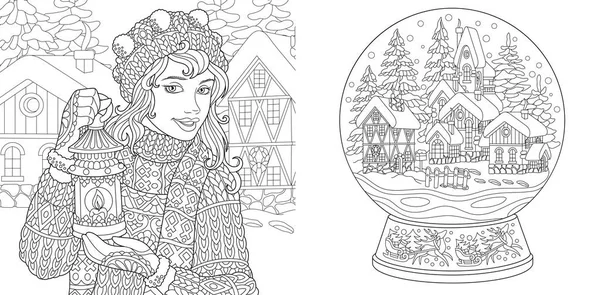 Coloring Pages Coloring Book Adults Colouring Pictures Winter Girl Magic — Stock Vector