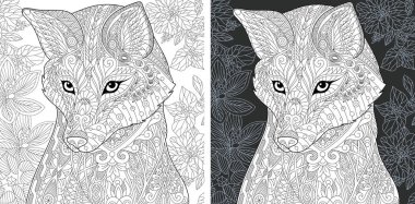 Boyama sayfası. Boyama kitabı. Boyama resim zentangle tarzda çizilmiş Fox ile. Antistress serbest kroki çizim. Vektör çizim.
