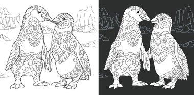 Boyama sayfası. Boyama kitabı. Penguen çift zentangle tarzda çizilmiş resim boyama. Antistress serbest kroki çizim. Vektör çizim.