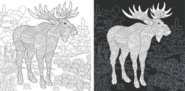 Boyama sayfası. Boyama kitabı. Boyama resimle zentangle tarzda çizilmiş Moose. Antistress serbest kroki çizim. Vektör çizim.