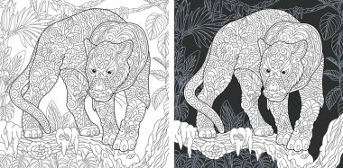 Hayvan. Boyama sayfası. Boyama kitabı. Zentangle tarzda çizilmiş panter boyama resimle. Antistress serbest kroki çizim. Vektör çizim.