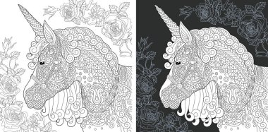 Tek boynuzlu at. Boyama sayfası. Boyama kitabı. Fantezi at zentangle tarzda boyama resimle. Antistress serbest kroki çizim. Vektör çizim.
