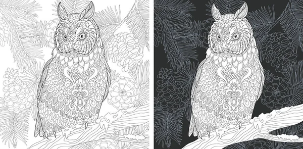 Boyama Sayfası Boyama Kitabı Zentangle Tarzda Çizilmiş Baykuş Boyama Resimle — Stok Vektör