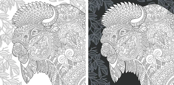 Boyama sayfası. Boyama kitabı. Boyama resimle zentangle tarzda çizilmiş Bison. Antistress serbest kroki çizim. Vektör çizim.