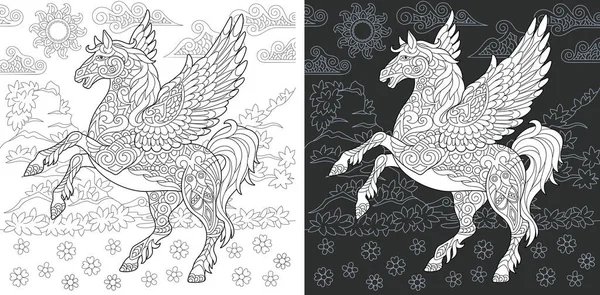 Fantasie Kleurplaat Kleurboek Kleuren Foto Met Pegasus Getrokken Zentangle Stijl — Stockvector