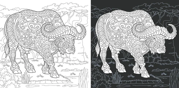 Boyama sayfası. Boyama kitabı. Boyama resimle zentangle tarzda çizilmiş Buffalo. Antistress serbest kroki çizim. Vektör çizim.