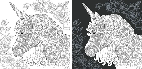 Eenhoorn Kleurplaat Kleurboek Kleuren Foto Met Fantasie Paard Getrokken Zentangle — Stockvector
