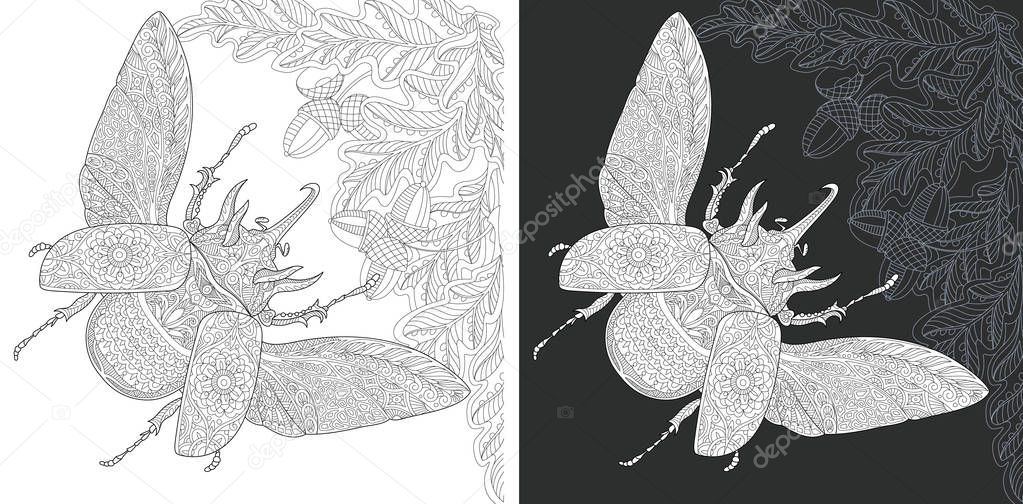 Bug. Coloring Page. Coloring Book. Colouring picture with rhinoceros beetle drawn in zentangle style. Antistress freehand sketch drawing. Vector illustration.