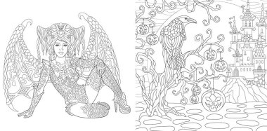 Boyama sayfaları. Boyama kitabı yetişkinler için. Zentangle tarzda çizilmiş Halloween süslemeleri ile boyama resimleri. Vektör çizim.