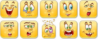 Karikatür yüzler. İfadeler koleksiyonu. Emoji ayarlayın. Tasarım karakterler için t-shirt baskı, simge, logo, etiket, yama ya da etiket.