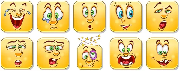 Caras Desenhos Animados Coleção Emoticons Conjunto Emoji Personagens Design Para — Vetor de Stock