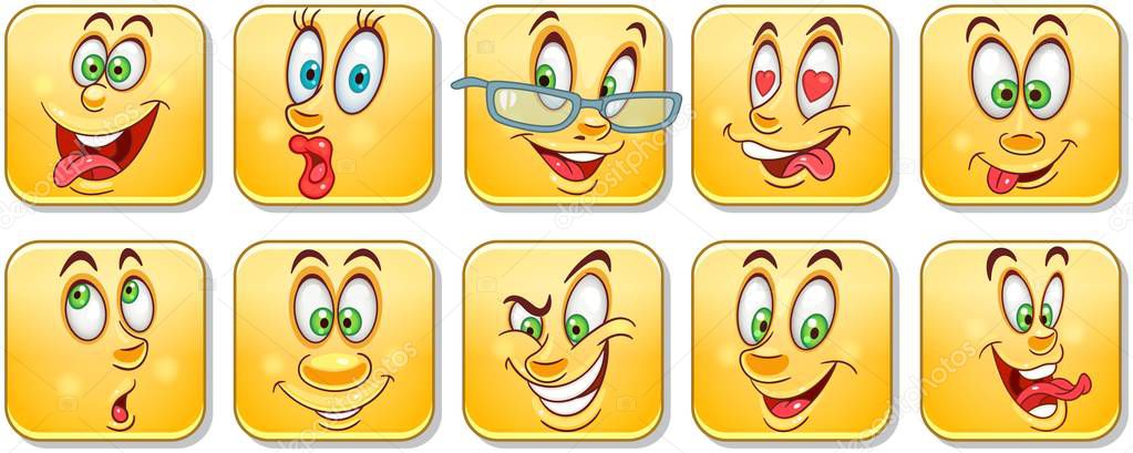 Cartoon faces. Emoticons collection. Emoji set. Design characters for t-shirt print, icon, logo, label, patch or sticker.