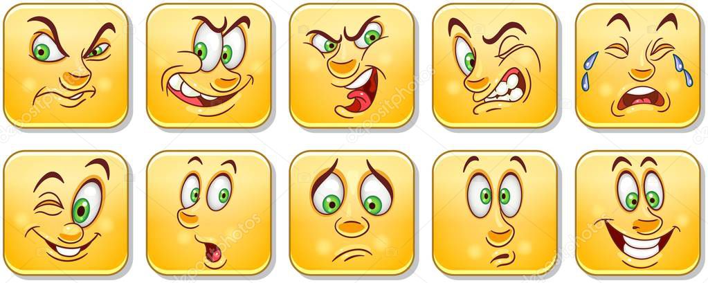 Cartoon faces. Emoticons collection. Emoji set. Design characters for t-shirt print, icon, logo, label, patch or sticker.