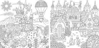 Boyama sayfaları. Boyama kitabı yetişkinler için. Boyama resimleri fantastik kaleler ve evleri zentangle tarzda çizilmiş. Vektör çizim.