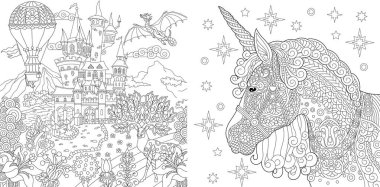 Boyama sayfaları. Boyama kitabı yetişkinler için. Fairytale kale ve sihirli unicorn resimlerle boyama. Doodle ve zentangle öğeleri ile çizim antistress serbest kroki.
